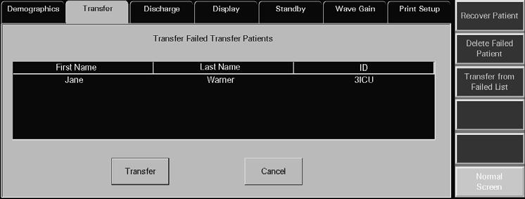 Patient Setup Functions Transfer Tab Selecting the Yes button when the Delete Failed Transfer Patient list contains more patients will delete all of the selected patients data from the Failed