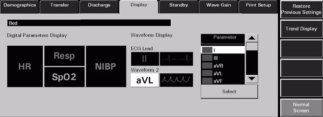 Patient Setup Functions Display Tab FIGURE 5-27 Display Tab - Waveform Data FIGURE 5-28 Display Tab - Waveform Data (ViewStation) The first waveform is always an ECG waveform.