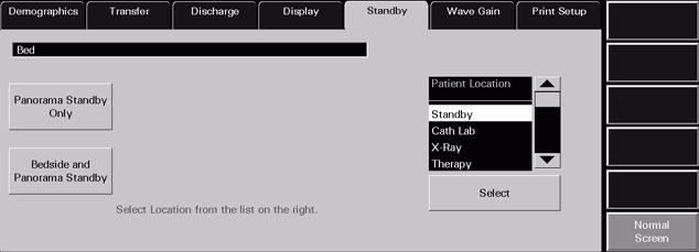 Standby Tab Patient Setup Functions FIGURE 5-31 Standby Tab with Patient Location List displayed 5.