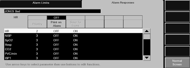 Alarm Responses Tab (Patient) Patient Alarm Functions Patient Demographic Field Selected Parameter Edit Box List Box FIGURE 6-5 Alarm Responses Tab - Paging Option Enabled Patient Demographic Field