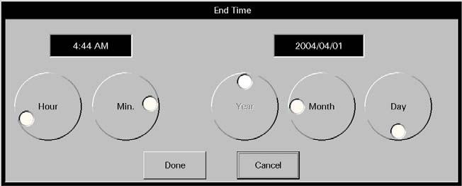 Events Tab Views FIGURE 7-15 Start Time Dialog Box 2. Rotate the dial controls to select the hour and minute values. 3. Rotate the dial controls to select the month, day and year values.