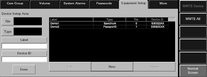 The Equipment Setup tab includes an equipment list that shows the types of equipment that may communicate with the central station. This tab is not available at the ViewStation.