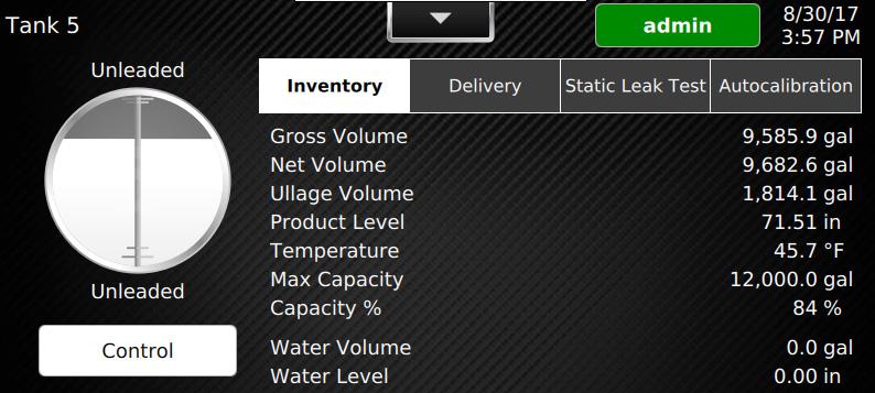 s detail screen: This screen provides details about product volume, level, temperature, and ullage space available in a tank. The level and volume of water is also be shown.
