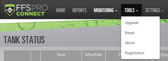 Click MONITORING to open a drop-down list of the following items: Status shows a summary of tank information. Sensor Status shows a summary of sensor information.