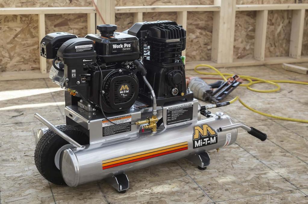 Air Compressors The high performing Work Pro Series is offered in an 8-gallon electric or gas-driven air compressor.