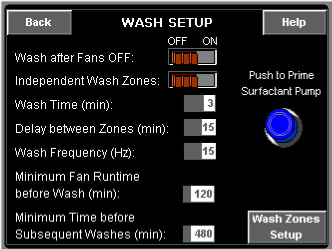 To link 2 exhaust fans, choose the number of one of the fans on the left and enter the number of the linked exhaust fan on the right. 8. From the Setup Page, press Wash Setup (if available).
