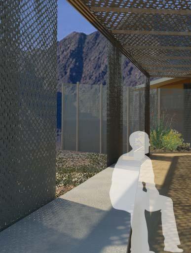 The house utilizes the desert s powerful sun to generate electricity through the photo voltaic panels and a solar thermal system will provide radiant heating and the house s supply of hot water.