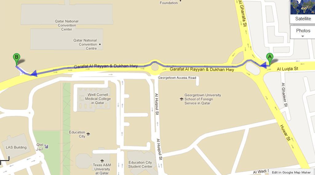 DIRECTIONS: 1. Head west on Al Luqta Street 2. At the Slope R/A, take 2 nd exit onto Garafat Al Rayyan & Dukhan Highway 3. Go through another smaller R/A 4.
