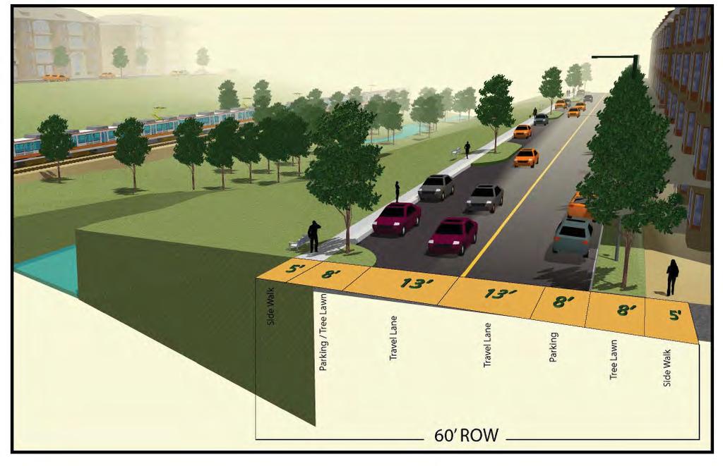 Sheridan Station Area Plan Executive Summary Section #2-12th Avenue Park Corridor Looking West Cross sections are shown to reflect existing lane-width standards of the Denver Fire Department and