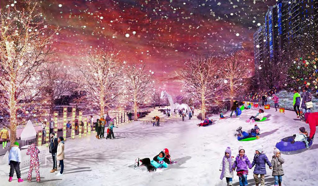CONCEPT VIEW PLAY AREA AND MEZZANINE PROMENADE Winter scene shows that sledding may be possible on the lower part of the
