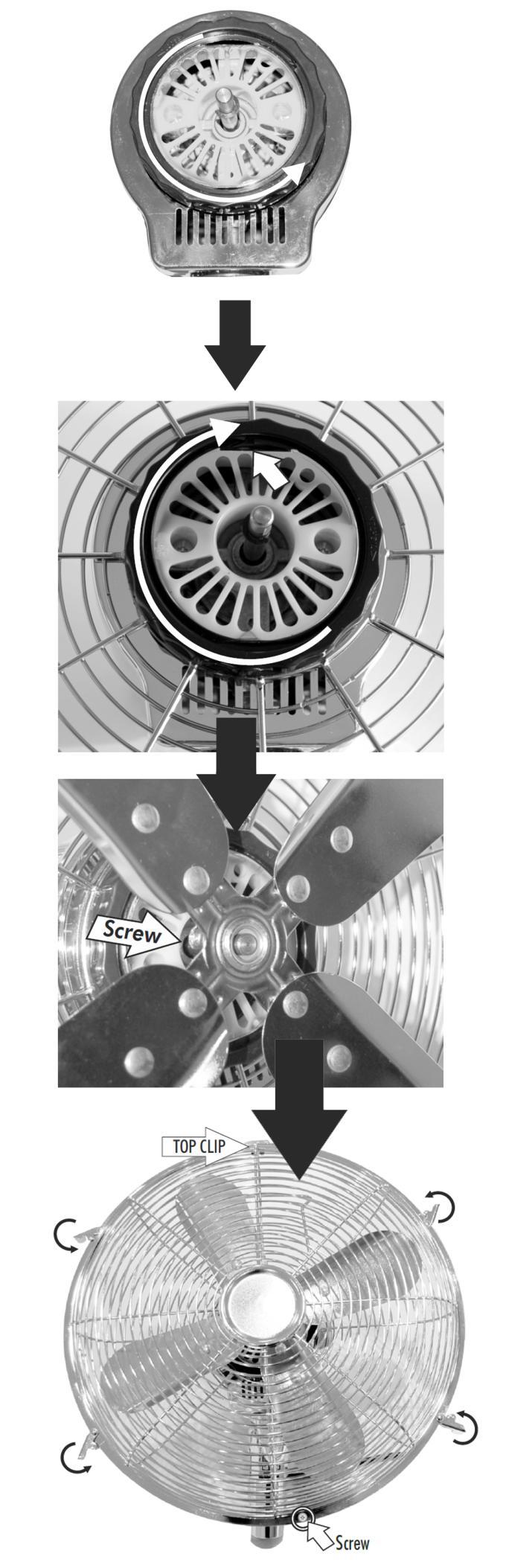 2. ASSEMBLING THE FAN HEAD: a. Unscrew the guard nut from the motor head by rotating it anticlockwise. b. Set the Rear Guard in the proper position (handle uppermost) and screw on the Guard retaining nut until tight.