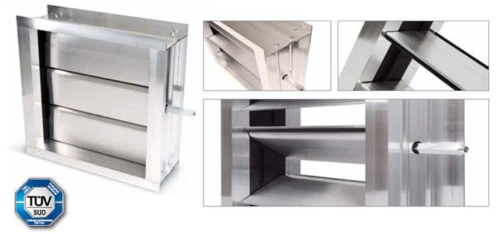 13.3 Air Flow Control Dampers Air handling units shall be equipped with airtight dampers in accordance to DIN 1946-par 4 Extruded aluminum blades and frames damper with blade seal shall be used Class