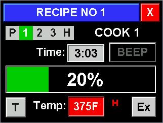 To beginning cooking, close the oven door and touch the large [START COOK] button. Main cooking screen is displayed. To exit the cook recipe touch and hold [X] until the control chirps twice.