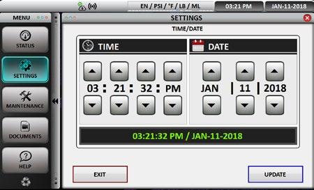 the COMMANDER machine. o TIME/DATE: To set the time and date press the corresponding up or down arrows. Press update to lock in the selection.