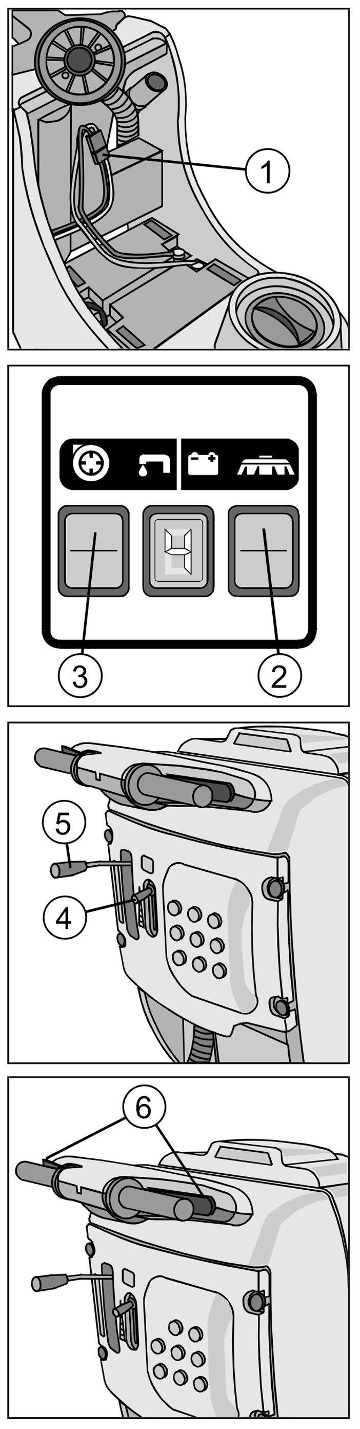 OPERATION 1. MACHINE OPERATION A. Connect the battery cable (1). B. Press the brush switch (2). C. Press the suction switch (3). D.