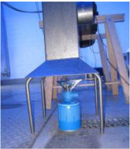Fig. 1. Test set-up with methanol pan or gas burner [1]. The thermal lift is generated using chimney of 50 cm height and - Either a methanol pan with: 22 cm x 22 cm surface max.