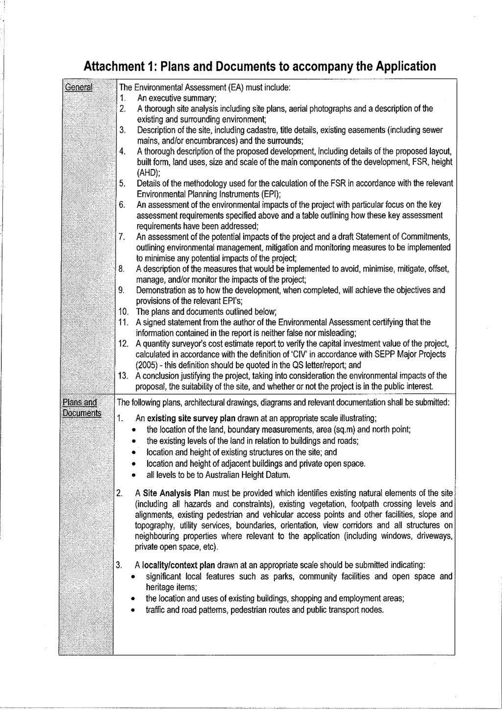 Attachment 1: Plans and Documents to accompany the Application General Plans Documents and The Environmental Assessment (EA) must include: 1. An executive summary; 2.