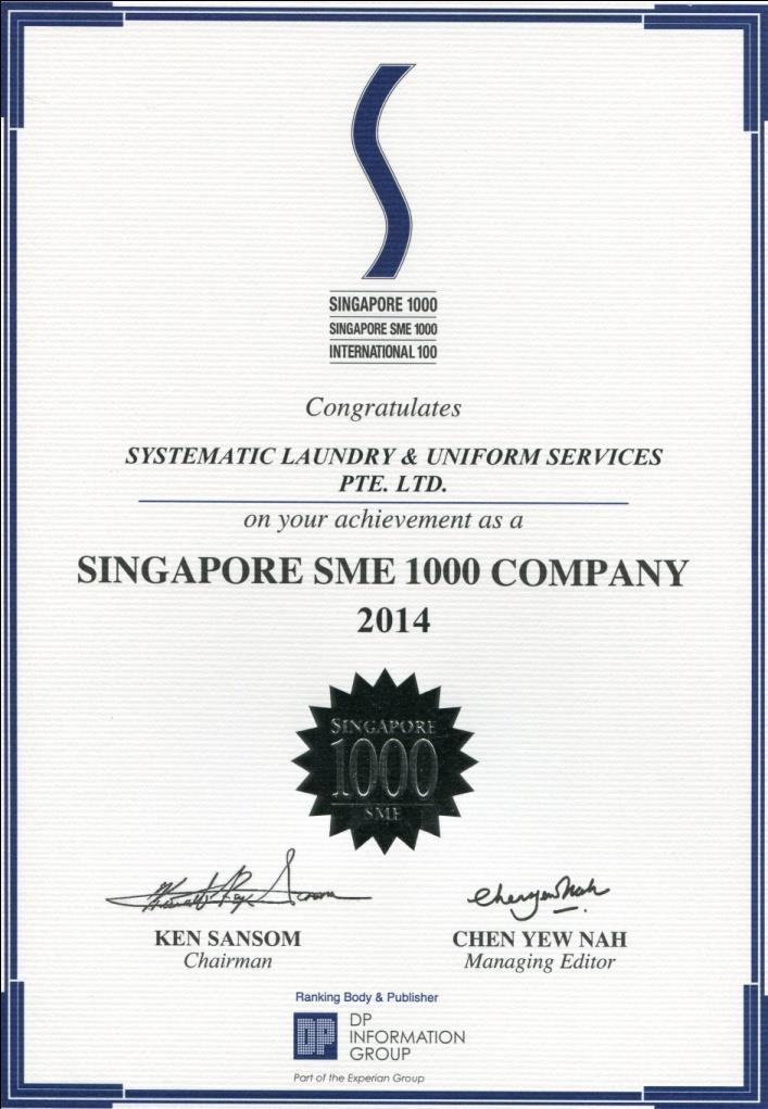 Singapore SME 1000 2013 & 2014 Ranked jointly by DP Information Group, Ernst & Young