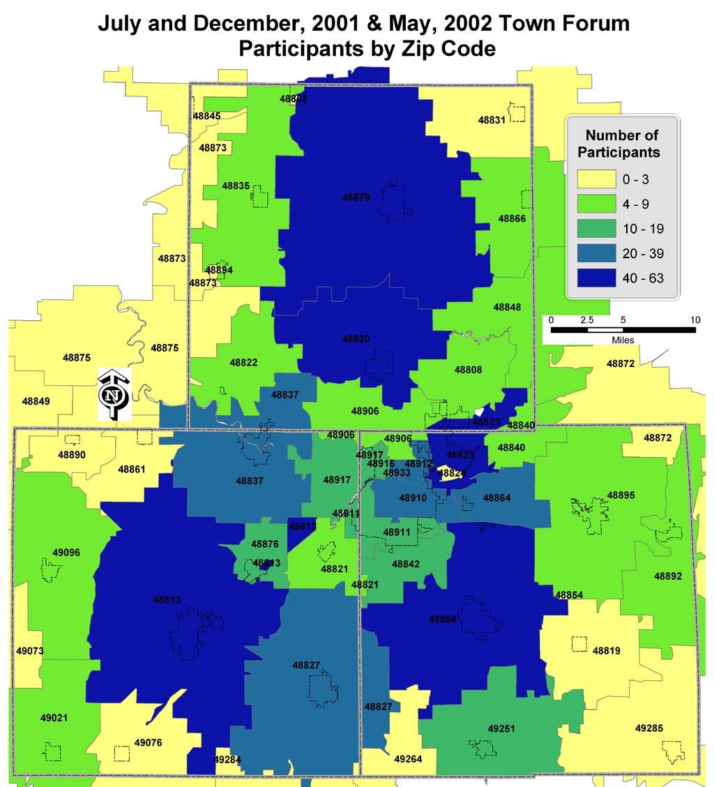 Figure 6 shows particpants by zip code in the Tri-County region for the town forums.