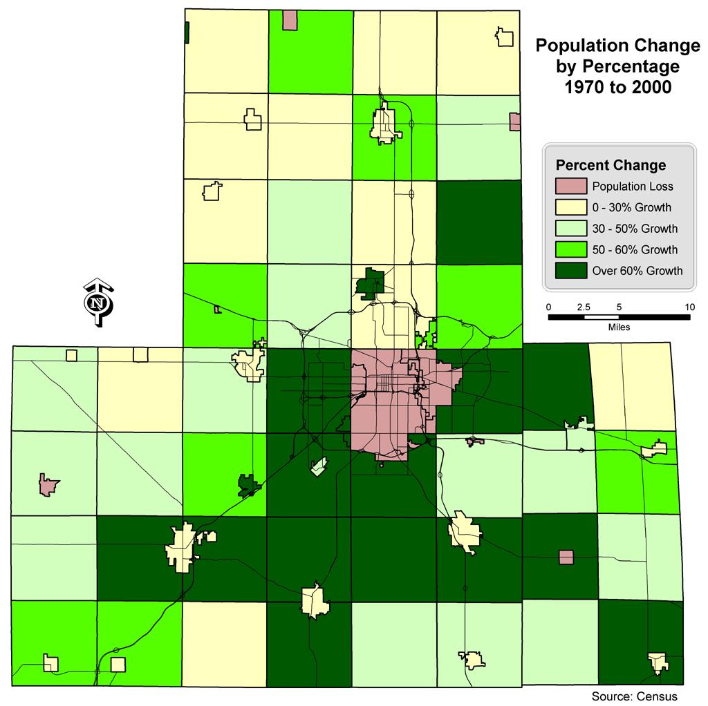 Population growth occurs in locations on the urban fringe, while city centers have
