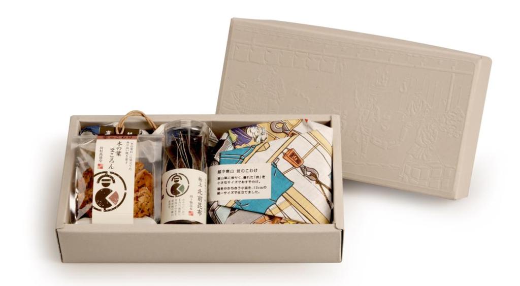 The original gift set, which is made while thinking of the recipient, is in a firm box, and the top of the box is embossed with Ukiyoe depicting the appearance of the craftsman's lively manufacturing.