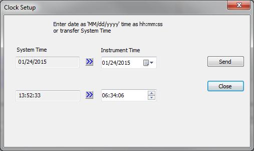 If using a programmed start time and start date, update the instrument date and time to ensure the logging starts as planned. Select Instrument Setup -> Parameters -> Clock to set the time.