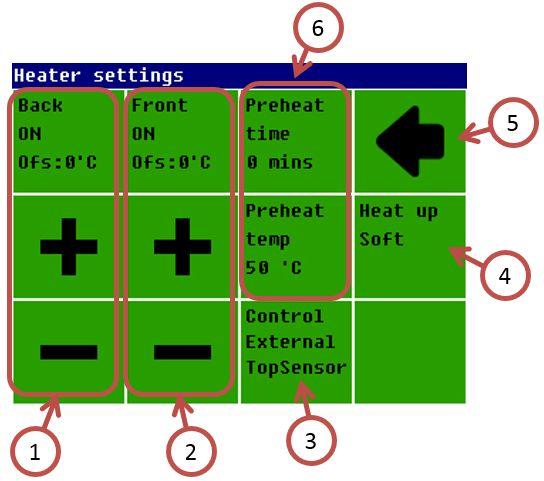 Heater settings 1. Heating panel rear zone Only available in Advanced mode see the Device Settings section 2.