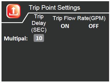 Trip Delay Time On This value controls the delay time in seconds that the flow rate must exceed the Trip Flow Rate before the next tank will come on line.