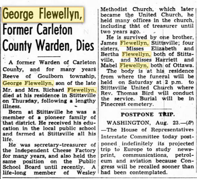 17 The Ottawa Journal, August 24, 1945. The house was owned by the Flewellyn family until the 1950s and has only had two owners since that time.
