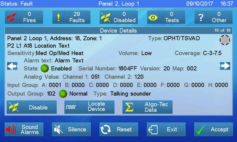 13.3 Device Detail Touching Device Detail displays the list of panels on the system. Select a Panel (section 12.4), Loop Card (section 12.5), Loop (section 12.6) and a Device (section 12.7).