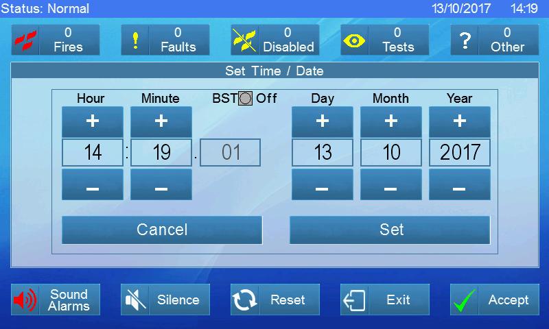 13.22 Set Time / Date Touch the Set Time / Date button to adjust the time and date. Note: - The seconds cannot be adjusted. Touch the + button to increment the relevant counter.