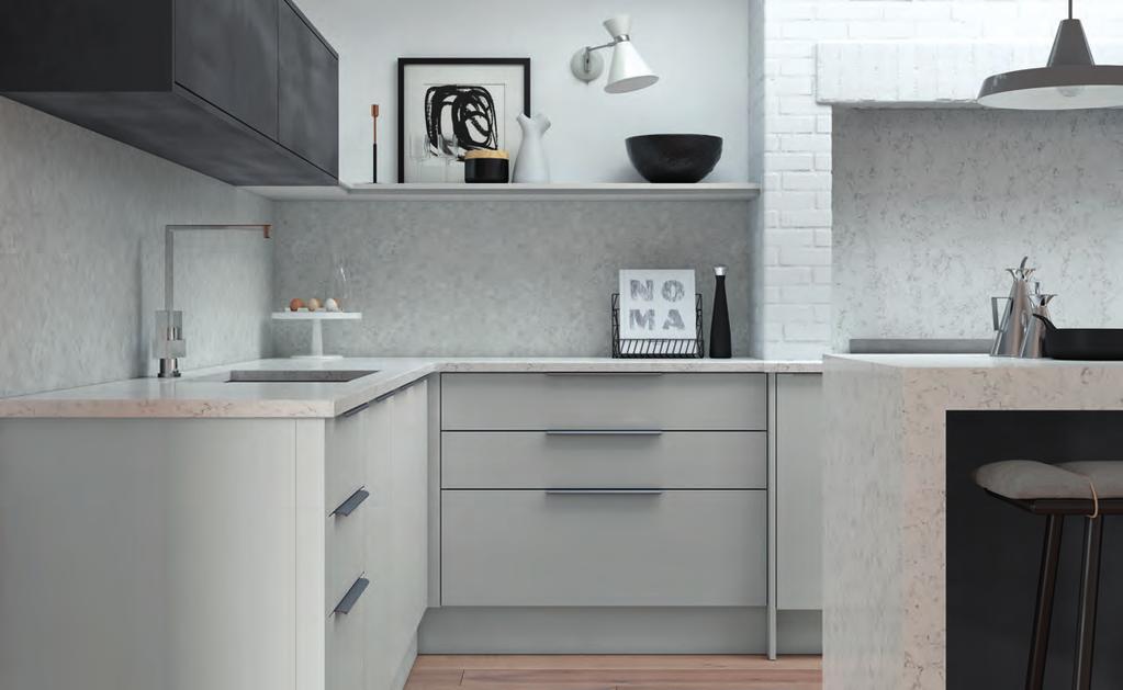 26 COSDON by LIGHT GREY + BLACK STEEL 27 Light Grey + Black Steel Throughout this kitchen a cool monochrome colour scheme has been used.