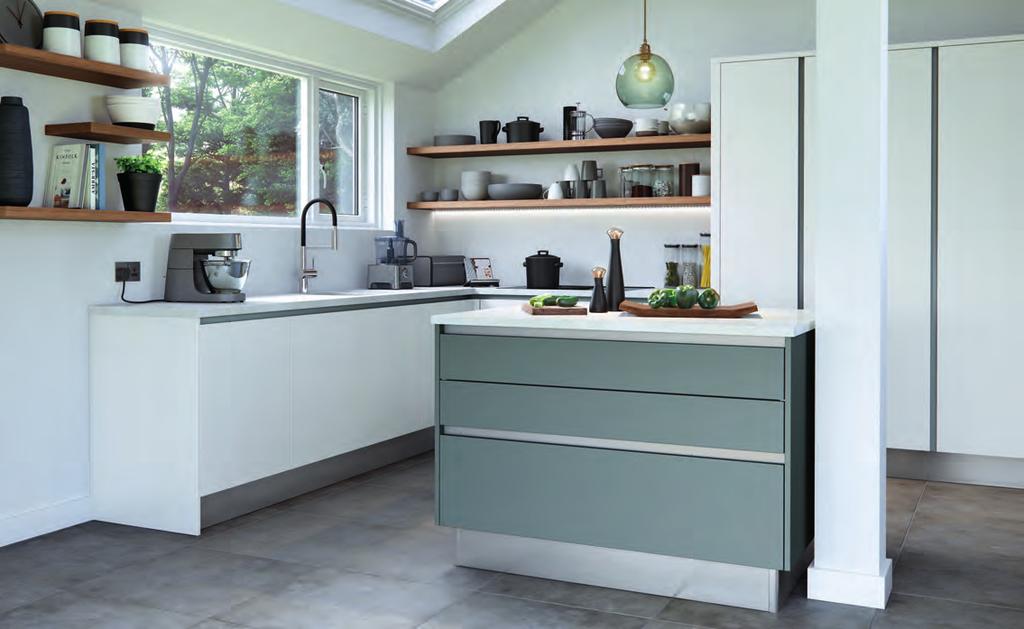 46 COSDON by WHITE + WINTER TEAL 47 White + Winter Teal Reflecting Scandinavian influences, the kitchen cabinetry is clean lined and