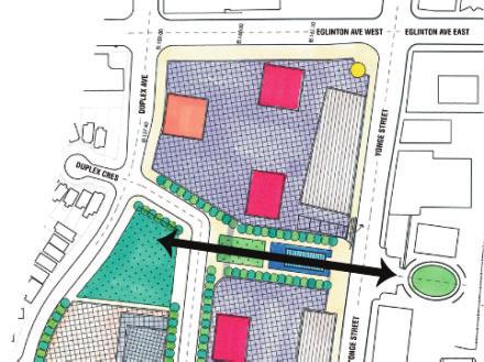 LINKAGE TO LANDSCAPED OPEN SPACE Guideline: Acknowledge the Courtyard and the Minto Midtown development with a view corridor, road or pedestrian plaza.