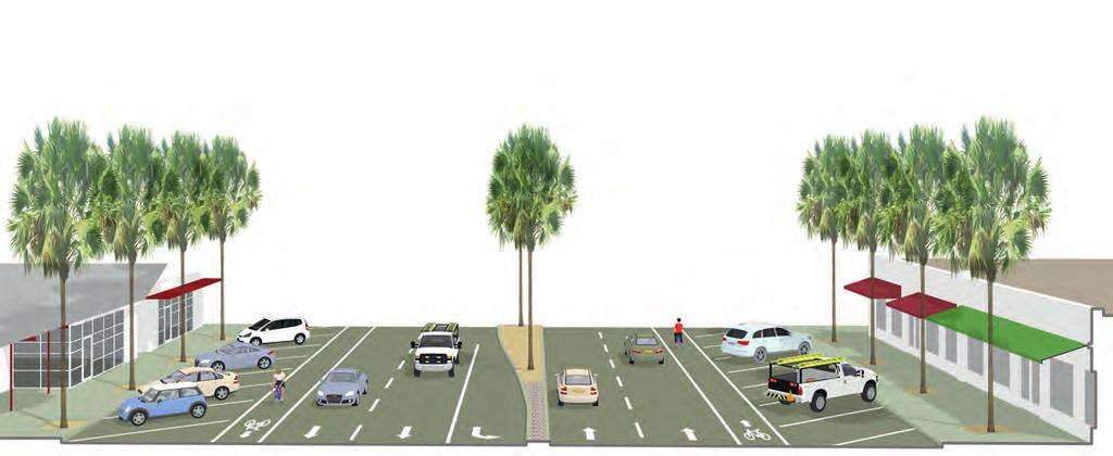 A 5-foot center median divides the north and south lanes. Existing sidewalks range in width from 16 to 18 feet with one-story buildings on both sides.