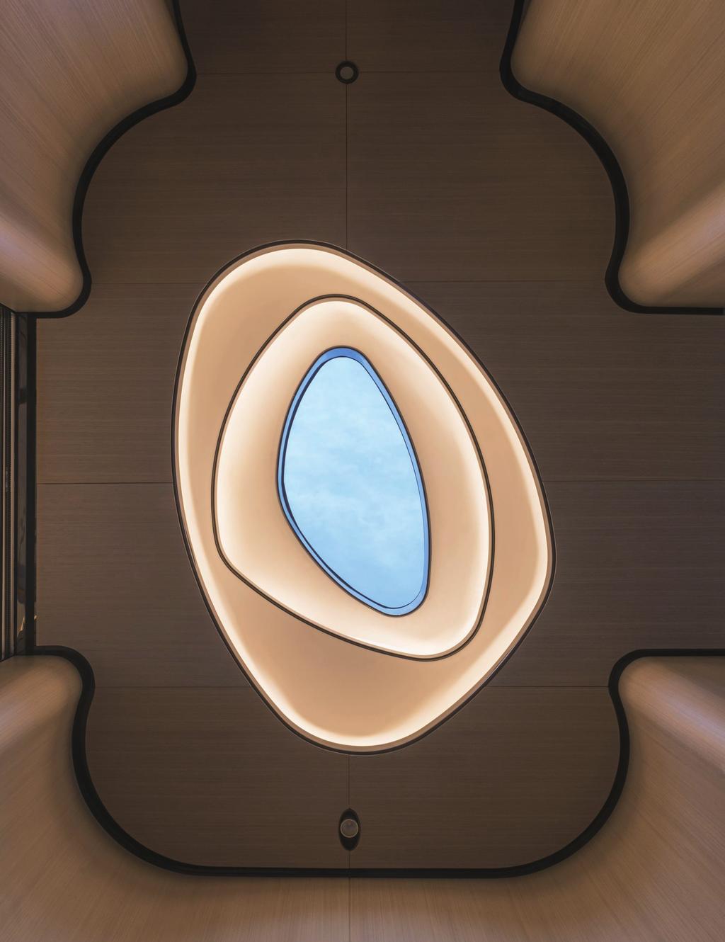 A skylight is framed with sinuous curves,