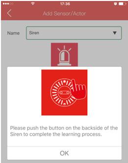 Please press OK to finish the learning process on the App side (6). In parallel, please also press the Set button once on the backside of the Siren to exit and complete the learning process.