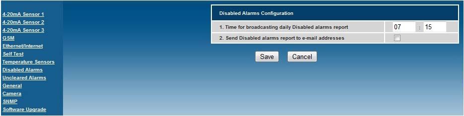 disabled alarms configuration page From the Home Page of the TM3 Monitoring Unit select Configuration Page and from the option list select Disabled Alarms.