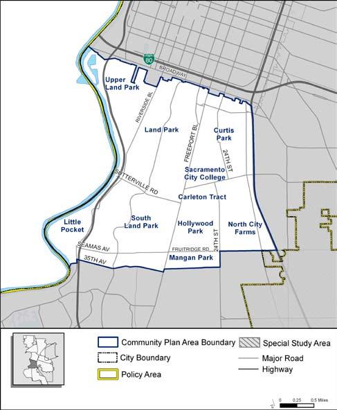 LAND PARK COMMUNITY PLAN Community Location The Land Park Community Plan Area boundary encompasses 6.7 square miles or 4,327 acres just south of Downtown Sacramento.