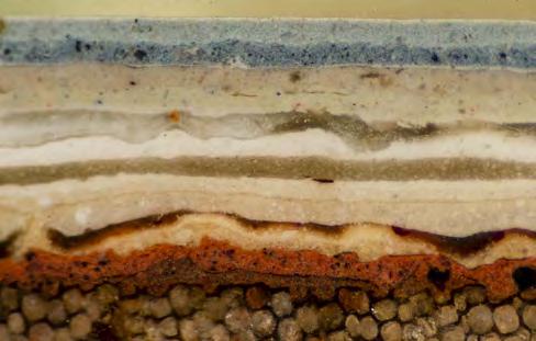 Page 7 11: Cross section of paint from top of mantel shelf in SW parlor showing several layers of graining indicated by arrows.
