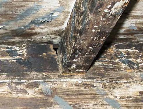 Arrow points to the diagonal stripes on the joist that appear to be the evidence for the c. 1920s painting on the beams and ceiling.