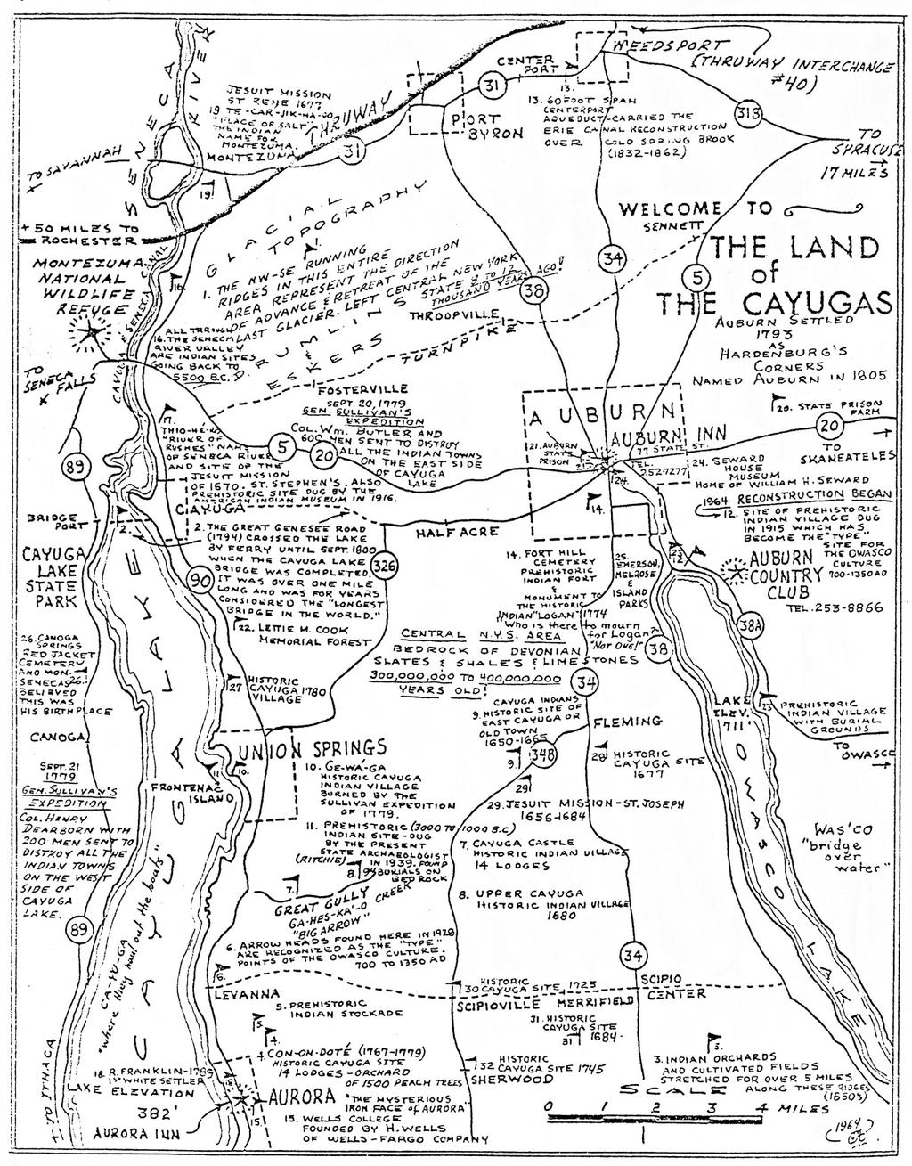 Land of the Cayugas map created in 1964 showing locations of some Haudenoshaunee villages, sites and orchards in the vicinity of the Town of