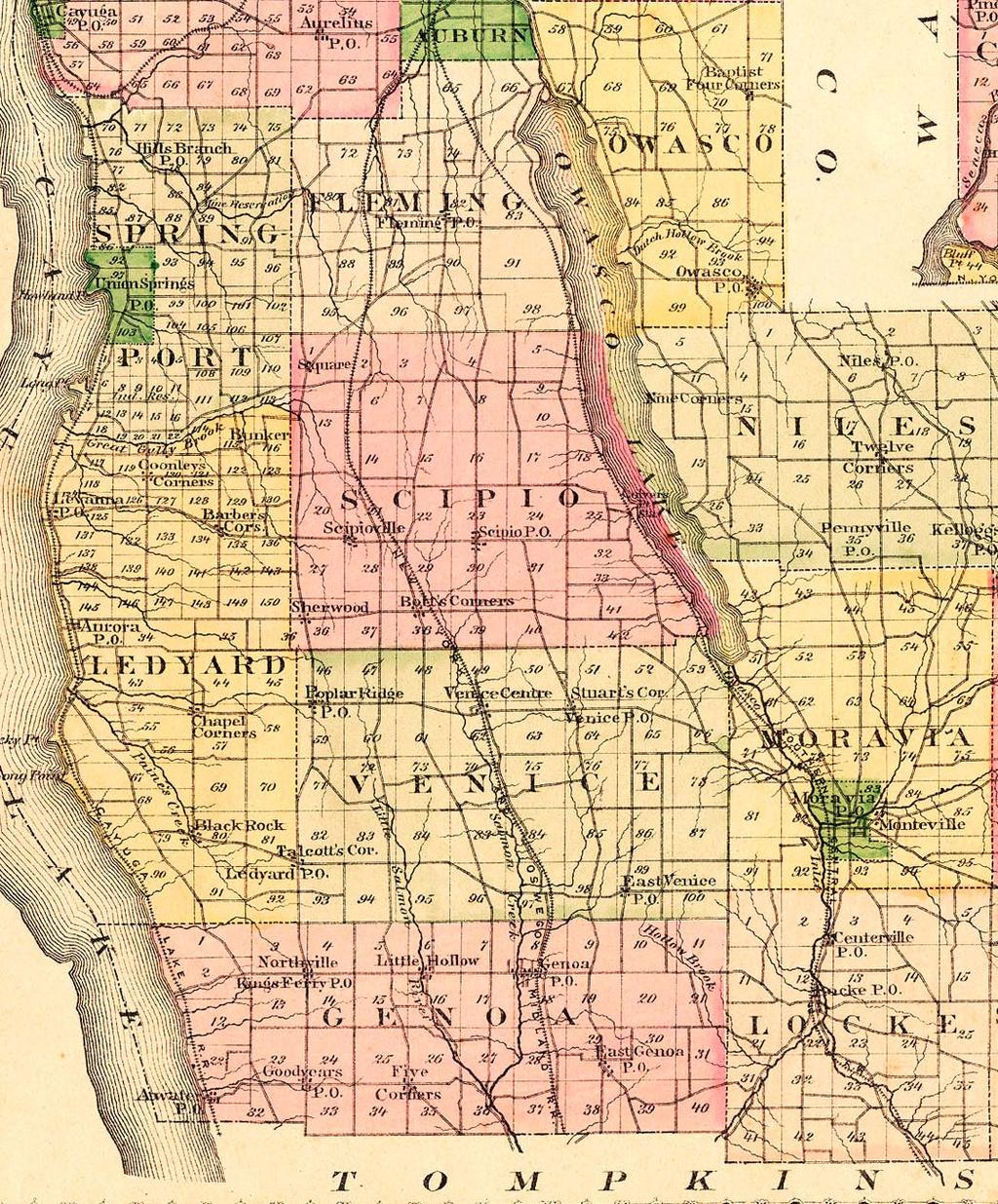 1875 map showing the Cayuga Lake Railroad and the New York Oswego & Midland Railroad crossing through the Town of