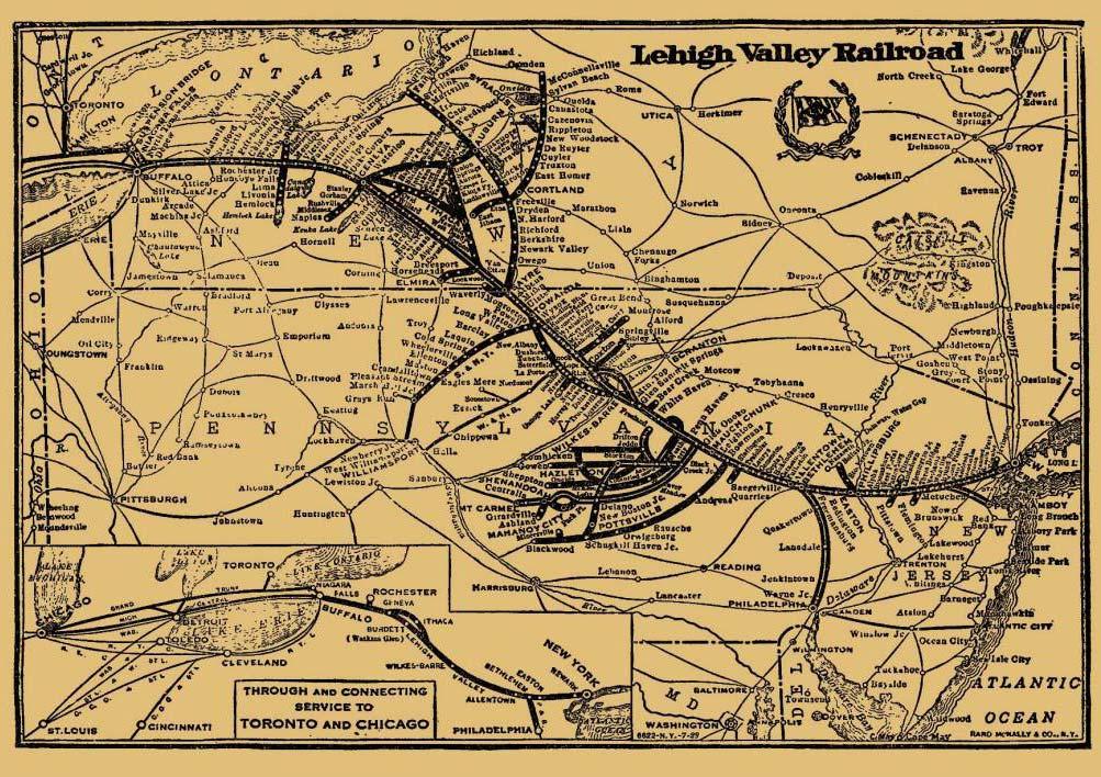 Map of the Lehigh Valley Railroad connecting New York s Pennsylvania Station with Chicago, Toronto, Buffalo, and Philadelphia along with Towns across central New York State including the Town of