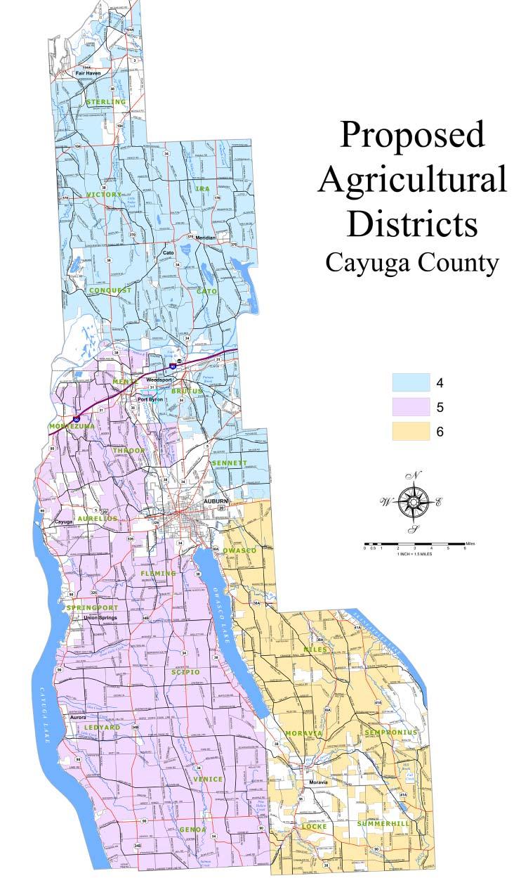 84 Map showing the proposed consolidation of the six existing agricultural districts in Cayuga County into