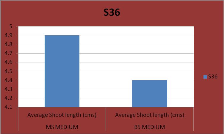 Table 3.11 : Average Shoot length (cms) in mulberry variety S36 with medium MS and B5 supplemented with BAP (3mg -1 ) and NAA (0.05mg -1 ) Average Medium Shoot length (cms) MS medium 4.9 ± 0.