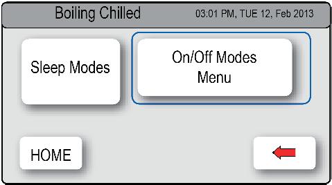 LCD Screen operation - Section G Energy Modes (Boiling models) This mode allows the HydroTap to Go into Energy Saving mode. There are two options available: Sleep mode and ON/OFF mode.