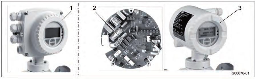 Name of part Order number 1 Housing cover for transmitter with single-compartment housing with integral mount design 2 Universal backplane for transmitter with dual-compartment housing 3 Front