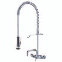 Two handle mixers 1/2 with pre-rinse spray Two hole, wall mounted Wall mounted two handle mixer 1/2 with pre-rinse spray Corona chrome removable metal handles Stainless steel valve seats Flat plate