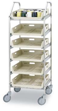 Options: bumper, stainless steel shelf onto top of trolley or to lower guide rails, stainless steel drip tray. BAT-8 basket trolley with optional bumper and s/s shelf on top.
